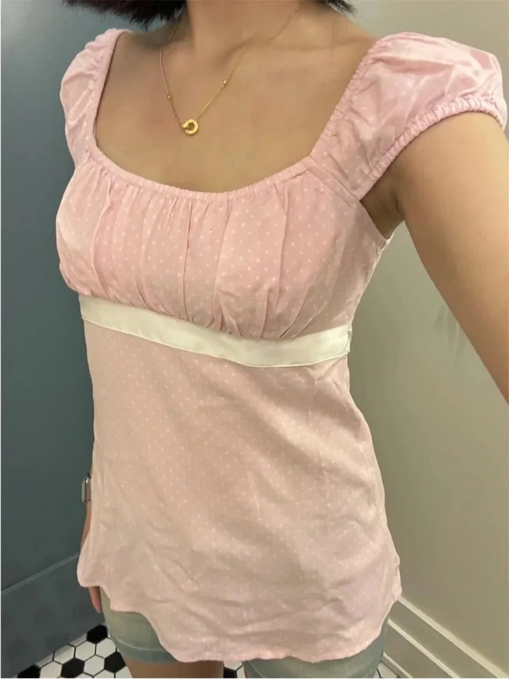 Hollister Women's Pink Empire-Waist Polka Dot Top